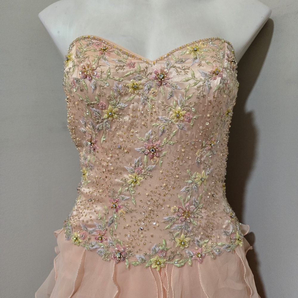 Sz 8 (fits 4 w/ corset Room) Mary's P3279 Peach Chiffon Ruffle Gown w Crystals - Picture 2 of 9